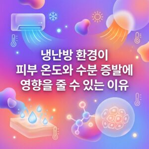 에어컨과 난방기, 온도계, 물방울과 피부 구조를 함께 배치해 냉난방 환경이 피부 온도와 수분 증발 조건에 영향을 줄 수 있는 원리를 표현한 대표 이미지