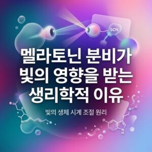 빛이 눈으로 들어와 망막을 거쳐 시교차상핵(SCN)에 전달되고, 이 생체시계 신호가 멜라토닌 분비 조절로 이어지는 과정을 상징적으로 표현한 대표 이미지
