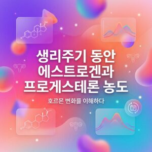 생리주기 동안 에스트로겐과 프로게스테론 농도가 변화하는 과정을 호르몬 구조식과 주기별 농도 곡선으로 표현한 대표 이미지