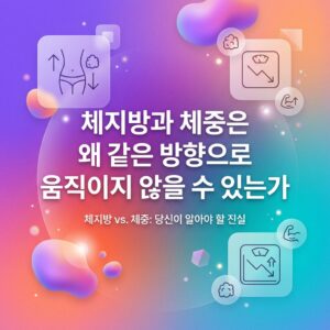 체지방 감소를 상징하는 허리 아이콘과 체중계 그래픽을 함께 배치해 체지방과 체중이 항상 같은 방향으로 변하지 않을 수 있음을 표현한 대표 이미지