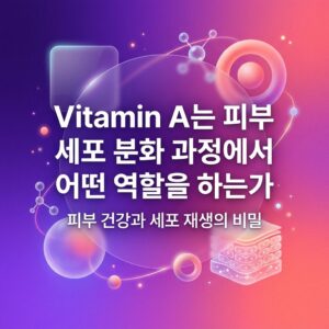 Vitamin A가 피부 세포의 분화 과정에 관여하는 원리를 세포 구조와 피부 단면 요소로 표현한 대표 이미지