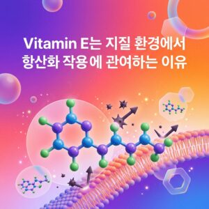 Vitamin E가 피부의 지질 환경에서 자유라디칼에 의한 지질 과산화 연쇄반응을 줄이는 원리를 Vitamin E 분자 구조와 세포막, 활성산소 상징 요소로 표현한 대표 이미지
