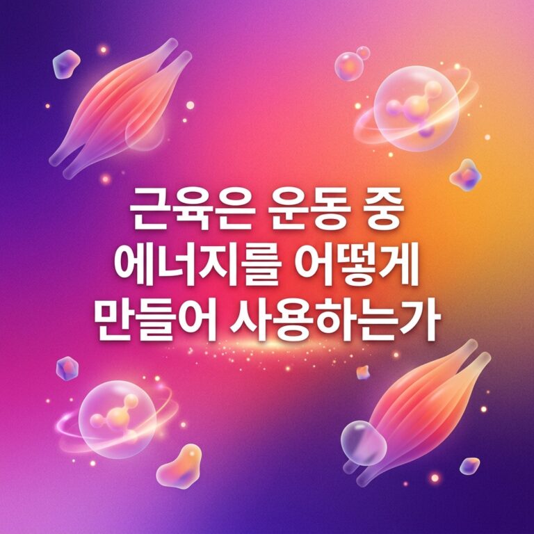 근육이 운동 중 ATP를 사용하고 phosphocreatine, 탄수화물과 지방 대사를 통해 에너지를 다시 만들어내는 과정을 근육 구조와 에너지 분자 요소로 표현한 대표 이미지