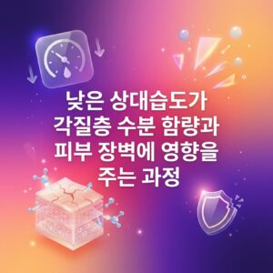낮은 상대습도가 각질층 수분 함량과 피부 장벽에 미치는 영향을 표현한 이미지로, 습도 저하 아이콘과 건조해진 피부 단면, 손상된 보호막 형태가 함께 나타나 있다.