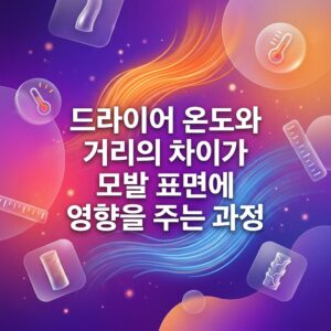 드라이어 온도와 거리의 차이가 모발 표면에 미치는 영향을 표현한 이미지로, 뜨거운 바람과 차가운 바람의 흐름, 온도계와 거리 눈금, 모발 표면 구조가 함께 나타나 있다.