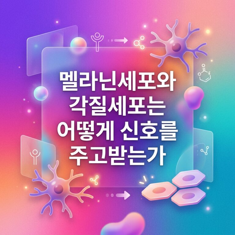 멜라닌세포와 각질세포 사이에서 분자 신호가 오가는 모습을 화살표와 세포 구조로 표현한 이미지