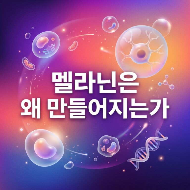 멜라닌세포와 세포 구조, DNA와 분자 이미지를 활용해 자외선 자극에 반응해 멜라닌이 만들어지는 생리학적 과정을 표현한 이미지