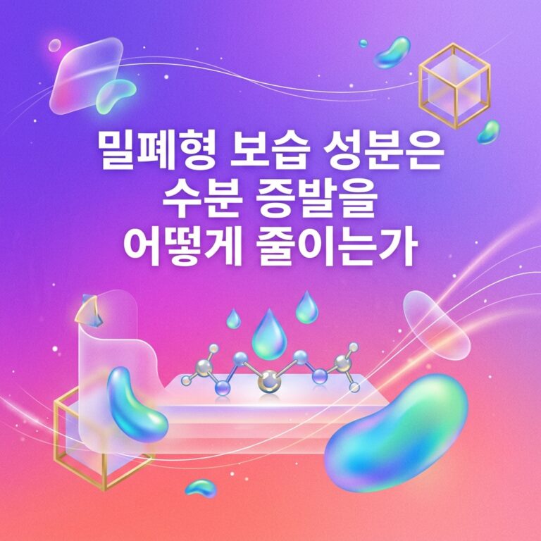 밀폐형 보습 성분이 피부 표면에 보호막을 형성해 수분이 외부로 증발하는 속도를 줄이는 원리를 물방울과 분자 구조, 피부 표면막 요소로 표현한 대표 이미지