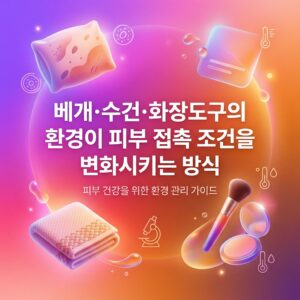 베개와 수건, 화장 브러시와 퍼프를 배치해 반복 접촉하는 생활용품이 피부의 마찰·수분·잔여물·미생물 노출 환경을 바꿀 수 있음을 표현한 이미지