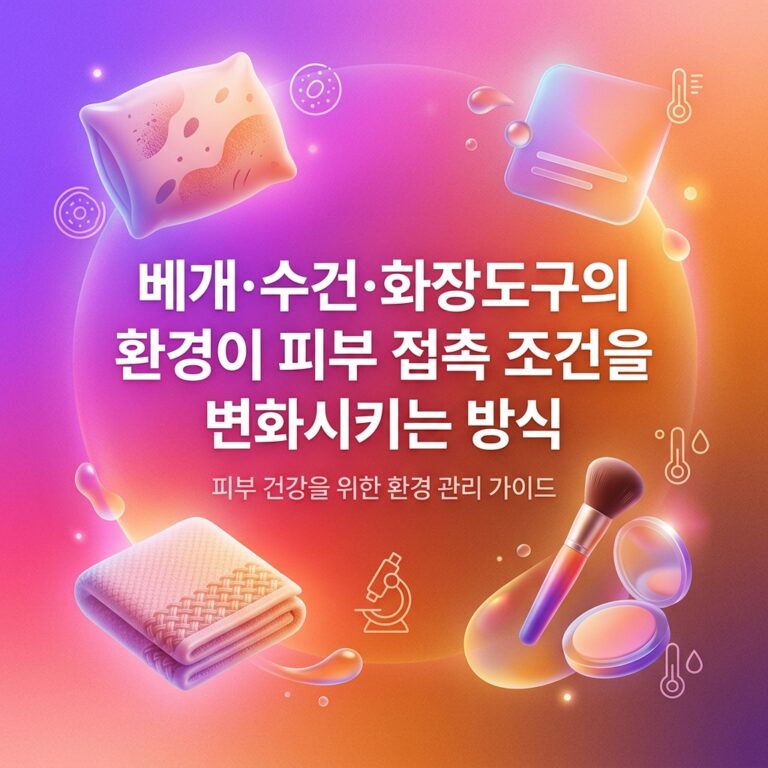 베개와 수건, 화장 브러시와 퍼프를 배치해 반복 접촉하는 생활용품이 피부의 마찰·수분·잔여물·미생물 노출 환경을 바꿀 수 있음을 표현한 이미지