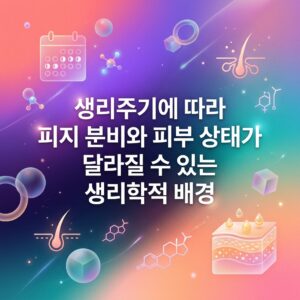 생리주기에 따른 호르몬 변화가 피지 분비와 피부 상태에 영향을 줄 수 있음을 달력, 모낭, 호르몬 분자, 피부 단면 요소로 표현한 대표 이미지