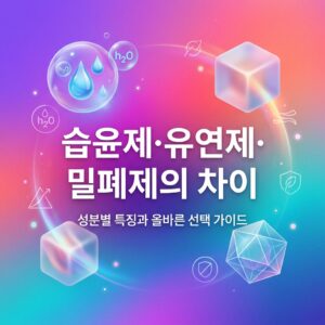 습윤제·유연제·밀폐제가 각각 피부 수분 보유, 표면 부드러움, 수분 증발 감소에 관여하는 차이를 물방울과 보호막, 피부 표면 상징 요소로 표현한 대표 이미지