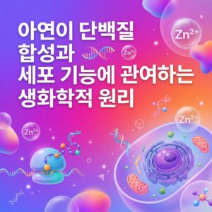 아연이 단백질 합성과 세포 기능에 관여하는 원리를 표현한 이미지로, Zn²⁺ 이온과 DNA, 리보솜, 세포 구조가 함께 배치되어 아연의 생화학적 역할을 시각화했다.