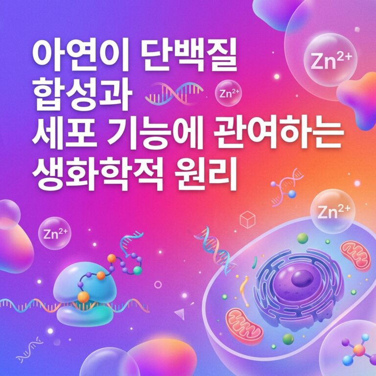 아연이 단백질 합성과 세포 기능에 관여하는 원리를 표현한 이미지로, Zn²⁺ 이온과 DNA, 리보솜, 세포 구조가 함께 배치되어 아연의 생화학적 역할을 시각화했다.