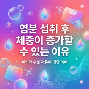 Na+ 나트륨 기호와 물방울, 체중계 이미지를 활용해 염분 섭취 후 체액 변화와 체중 증가 가능성을 표현한 이미지