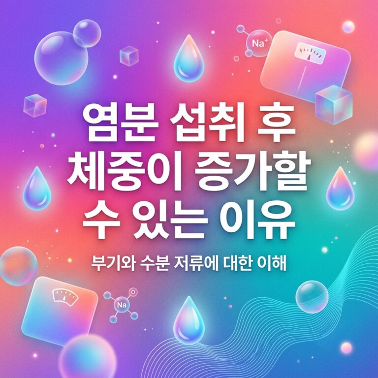 Na+ 나트륨 기호와 물방울, 체중계 이미지를 활용해 염분 섭취 후 체액 변화와 체중 증가 가능성을 표현한 이미지