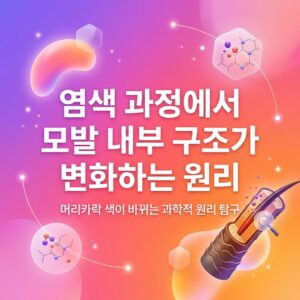 염색 과정에서 모발 내부 구조가 변화하는 원리를 표현한 이미지로, 모발 단면과 염료 분자 구조를 함께 보여주며 색소 성분이 모발 내부로 이동하는 과정을 시각화했다.