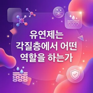 유연제가 각질층 표면의 미세한 틈과 거친 부분을 보완해 피부를 더 부드럽고 매끄럽게 느끼게 하는 원리를 피부 단면, 수분과 보호막 아이콘으로 표현한 대표 이미지