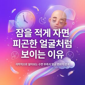 수면 부족으로 눈꺼풀이 처지고 눈 밑이 어두워지며 얼굴이 피곤해 보일 수 있는 현상을 시계, 달, 졸린 얼굴과 수면 상징 요소로 표현한 대표 이미지