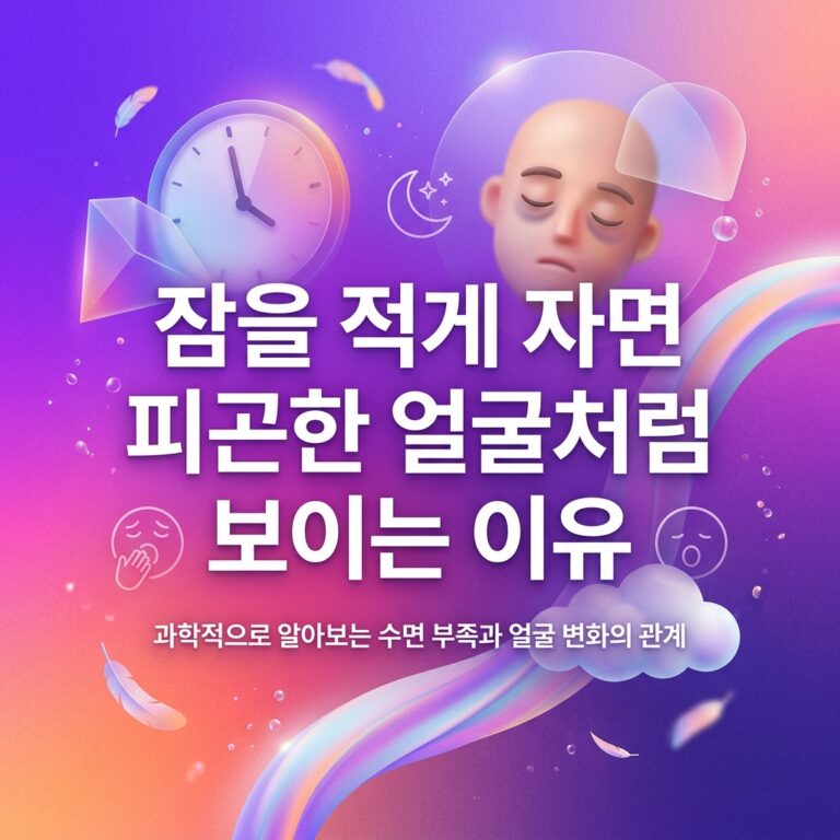 수면 부족으로 눈꺼풀이 처지고 눈 밑이 어두워지며 얼굴이 피곤해 보일 수 있는 현상을 시계, 달, 졸린 얼굴과 수면 상징 요소로 표현한 대표 이미지