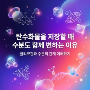탄수화물이 글리코겐 형태로 저장될 때 근육 내 수분도 함께 변할 수 있는 원리를 글리코겐 분자와 H₂O, 근육 세포 이미지를 활용해 표현한 대표 이미지