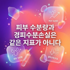 피부 수분량과 경피수분손실의 차이를 표현한 이미지로, 피부 수분량을 나타내는 물방울과 상승 표시, 경피수분손실을 나타내는 수분 이동과 하강 표시가 함께 배치되어 있다.