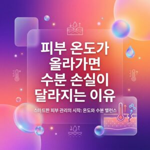 피부 온도가 올라가면서 수분 손실이 달라지는 원리를 표현한 이미지로, 온도계와 물방울, 피부 단면 및 수분 이동 아이콘이 함께 배치되어 있다.