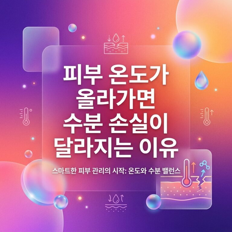 피부 온도가 올라가면서 수분 손실이 달라지는 원리를 표현한 이미지로, 온도계와 물방울, 피부 단면 및 수분 이동 아이콘이 함께 배치되어 있다.