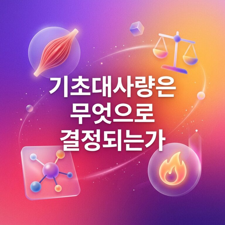 근육과 균형 저울, 분자 구조와 불꽃 아이콘을 활용해 체격과 제지방량, 에너지 소비가 기초대사량 결정에 관여하는 모습을 표현한 이미지