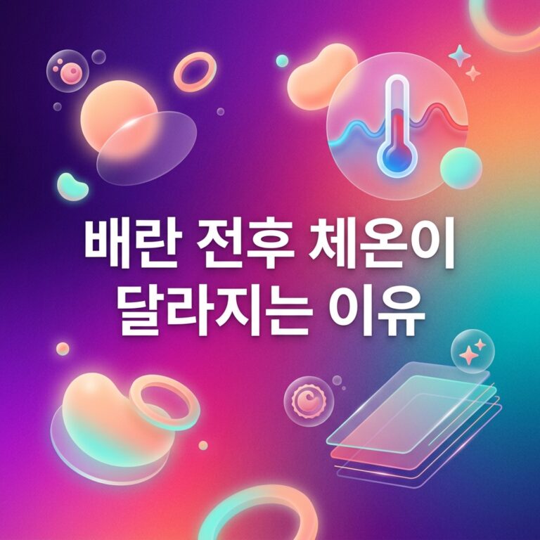 배란 전후 체온이 달라지는 이유를 표현한 이미지로, 체온계와 온도 변화 그래프, 여성 생식 주기를 상징하는 요소가 함께 배치되어 있다.