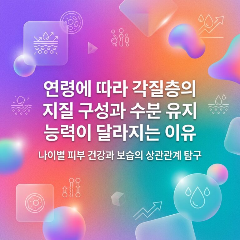 연령에 따라 각질층의 지질 구성과 수분 유지 능력이 달라지는 이유를 표현한 이미지로, 피부 장벽과 수분 변화, 지질 구조를 상징하는 아이콘이 함께 배치되어 있다.