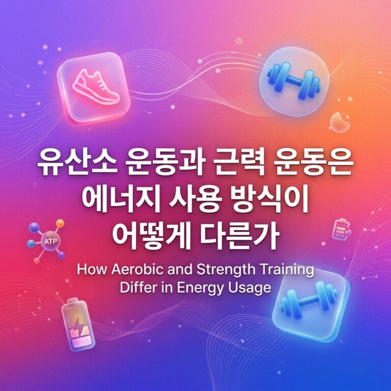 유산소 운동과 근력 운동의 에너지 사용 방식 차이를 표현한 이미지로, 운동화와 아령, ATP 분자와 배터리 아이콘이 함께 배치되어 있다.