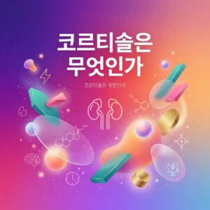 코르티솔의 역할을 표현한 이미지로, 부신을 상징하는 신장 그림과 코르티솔 분자 구조, 에너지 조절과 스트레스 반응을 나타내는 아이콘이 함께 배치되어 있다.