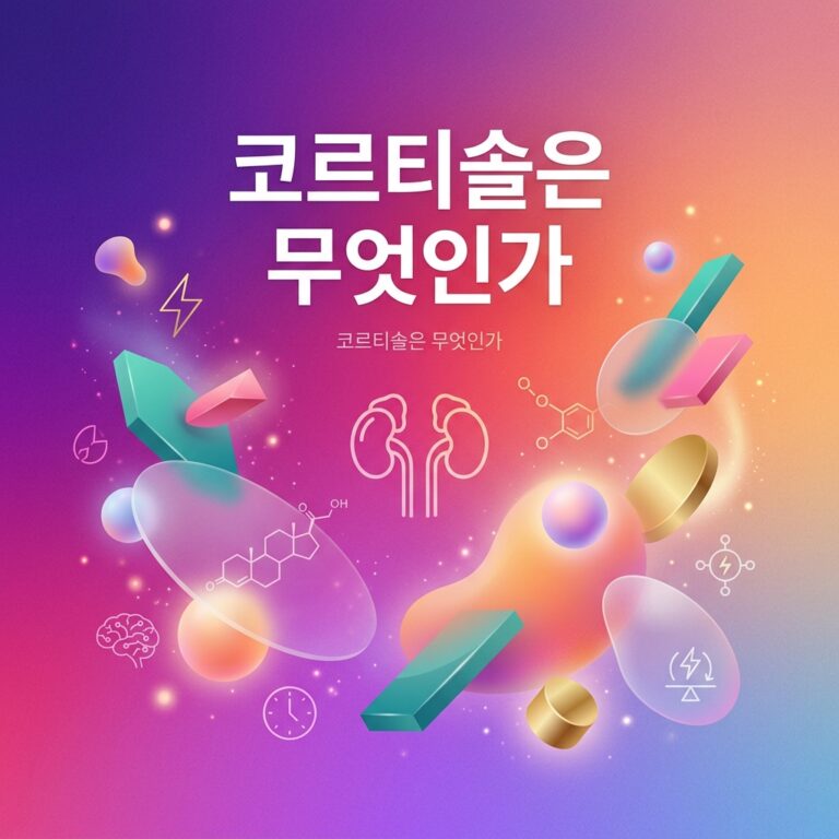 코르티솔의 역할을 표현한 이미지로, 부신을 상징하는 신장 그림과 코르티솔 분자 구조, 에너지 조절과 스트레스 반응을 나타내는 아이콘이 함께 배치되어 있다.