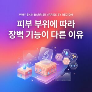 피부 부위에 따라 장벽 기능이 다른 이유를 표현한 이미지로, 얼굴·손바닥·팔의 차이를 나타내는 그래프와 피부 단면, 수분과 지질을 상징하는 아이콘이 함께 배치되어 있다.