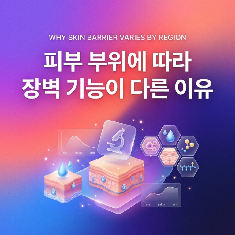피부 부위에 따라 장벽 기능이 다른 이유를 표현한 이미지로, 얼굴·손바닥·팔의 차이를 나타내는 그래프와 피부 단면, 수분과 지질을 상징하는 아이콘이 함께 배치되어 있다.