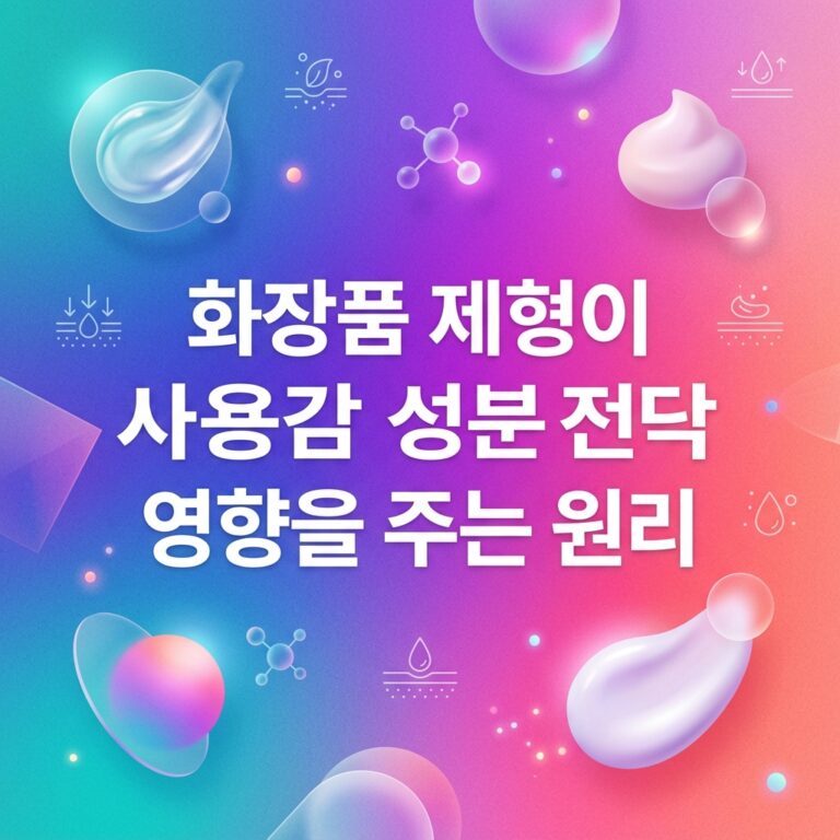 화장품 제형이 사용감과 성분 전달 방식에 영향을 주는 원리를 표현한 이미지로, 크림과 젤 형태의 제형, 수분과 피부 표면을 상징하는 아이콘이 함께 배치되어 있다.